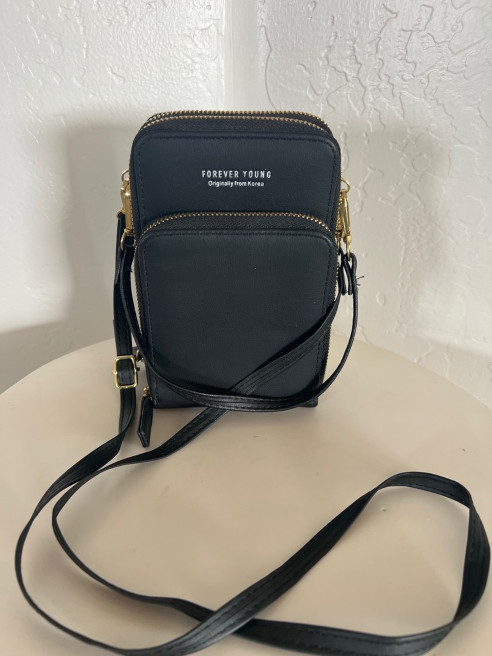 Forever Young Black Mini Crossbody Phone Pouch with Gold Hardware